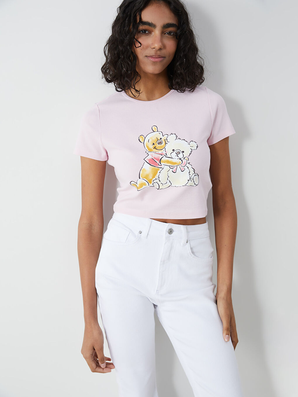 XSIDE Pembe Bisiklet Yaka Winnie the Pooh Baskılı Kadın Crop