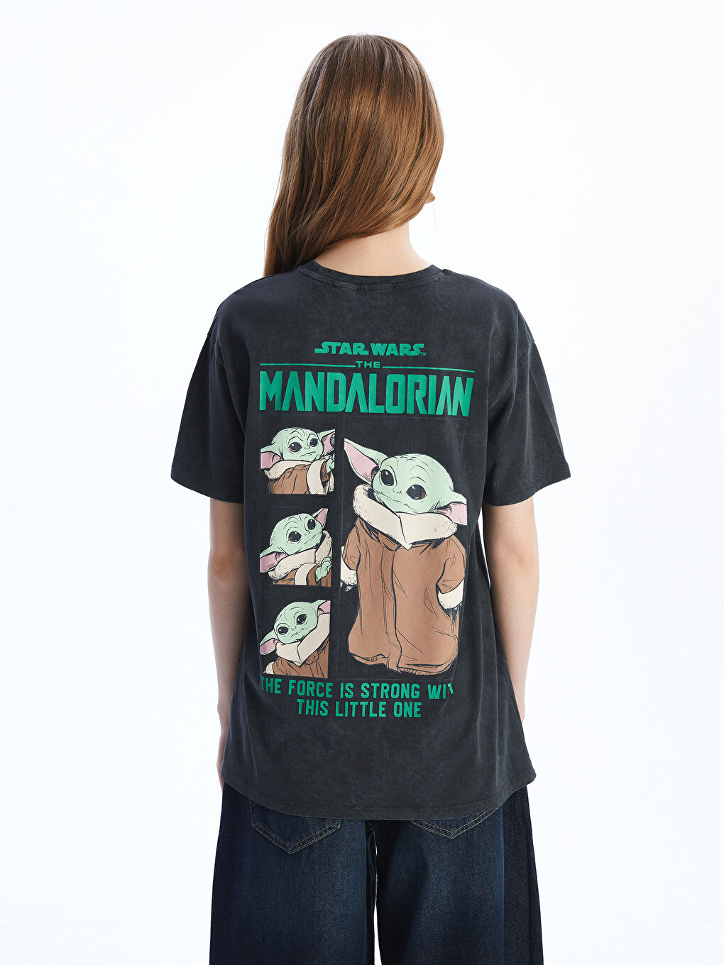 Antrasit Bisiklet Yaka The Mandalorian Baskılı Kadın Tişört-4