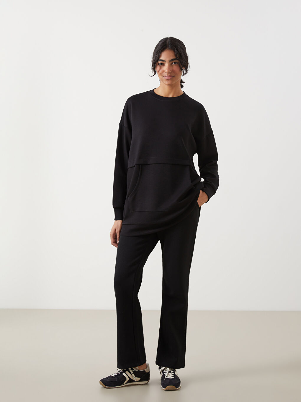 Siyah Bisiklet Yaka Oversize Kadın Sweatshirt Tunik-1