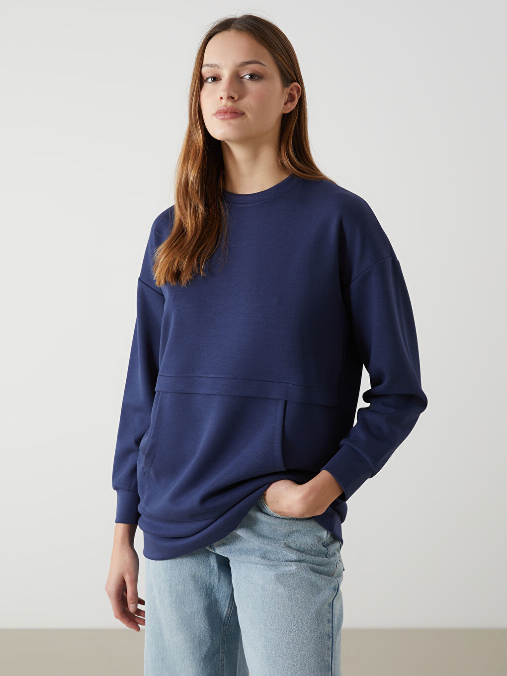Lacivert Bisiklet Yaka Oversize Kadın Sweatshirt Tunik