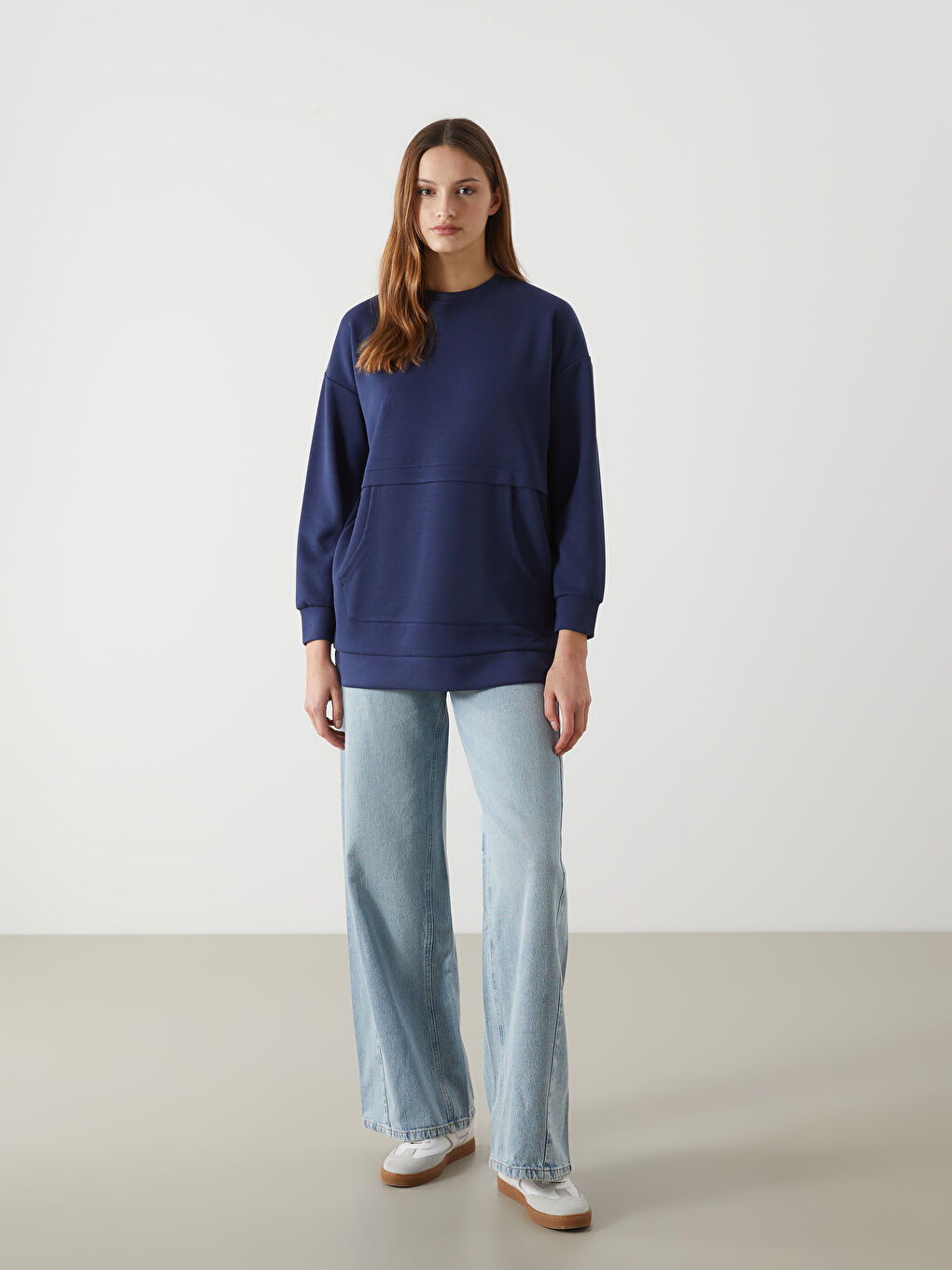 Lacivert Bisiklet Yaka Oversize Kadın Sweatshirt Tunik-1