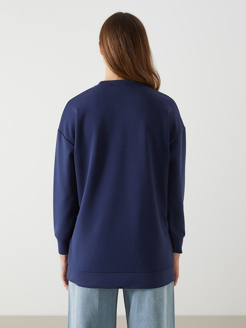 Lacivert Bisiklet Yaka Oversize Kadın Sweatshirt Tunik-3