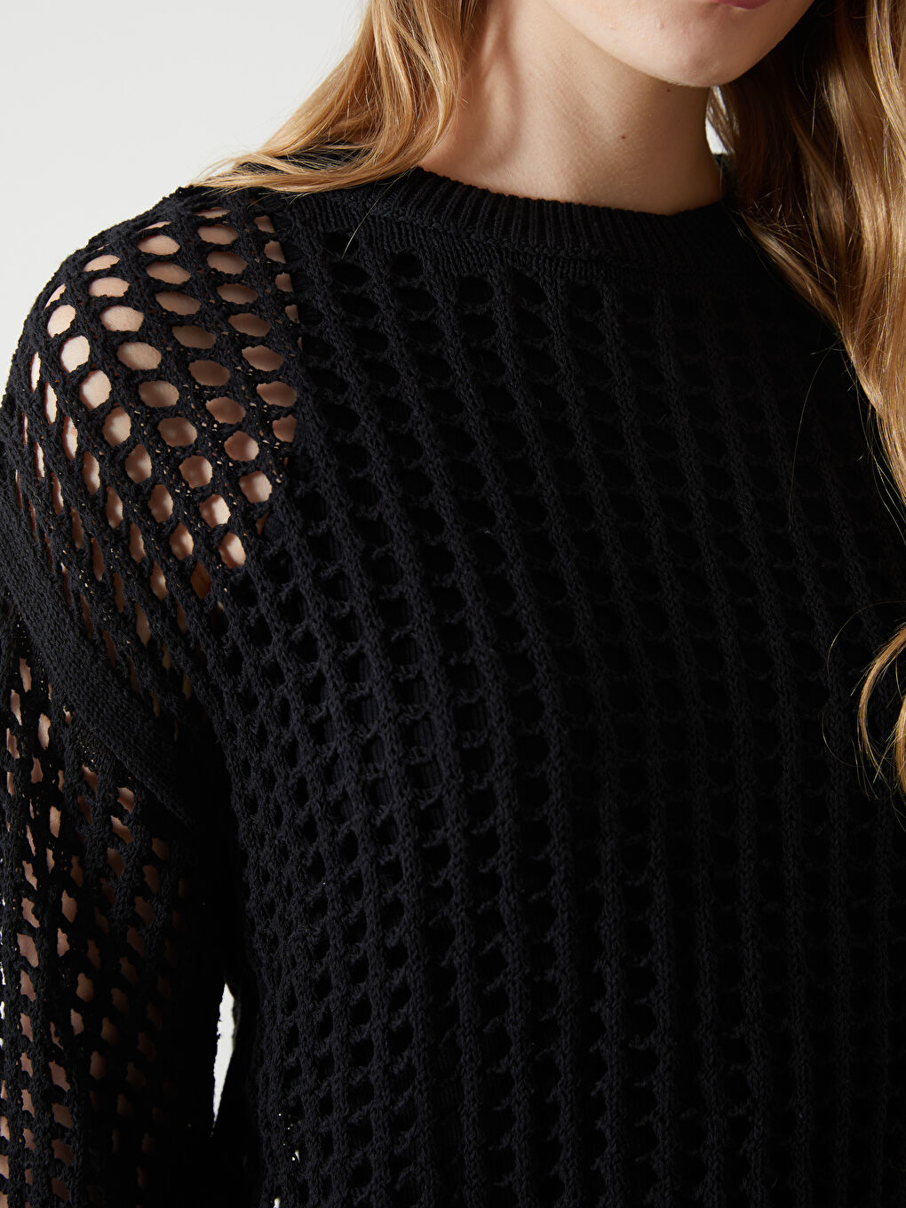 Siyah Bisiklet Yaka Ajurlu Kadın Triko Kazak-2