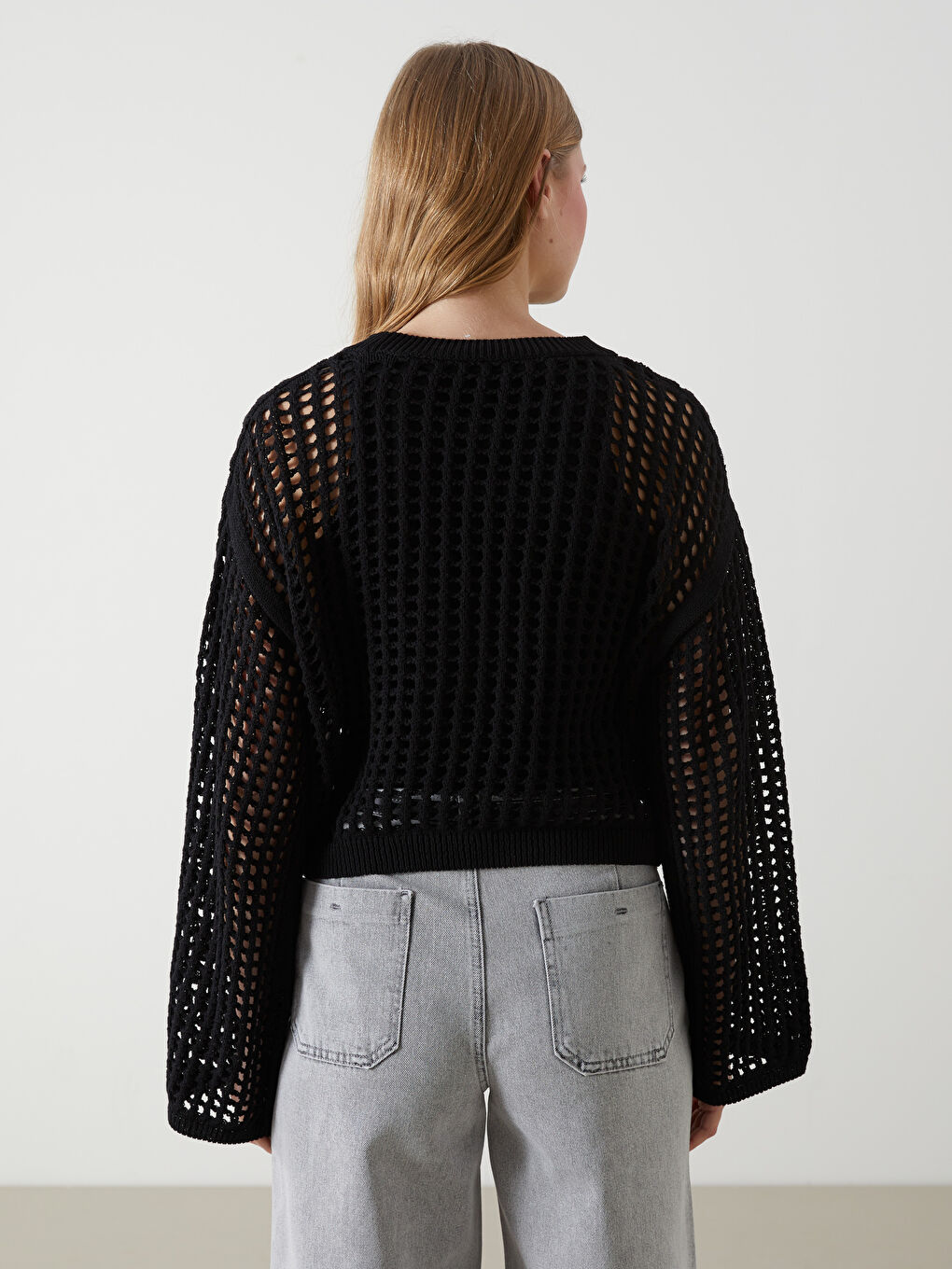 Siyah Bisiklet Yaka Ajurlu Kadın Triko Kazak-3