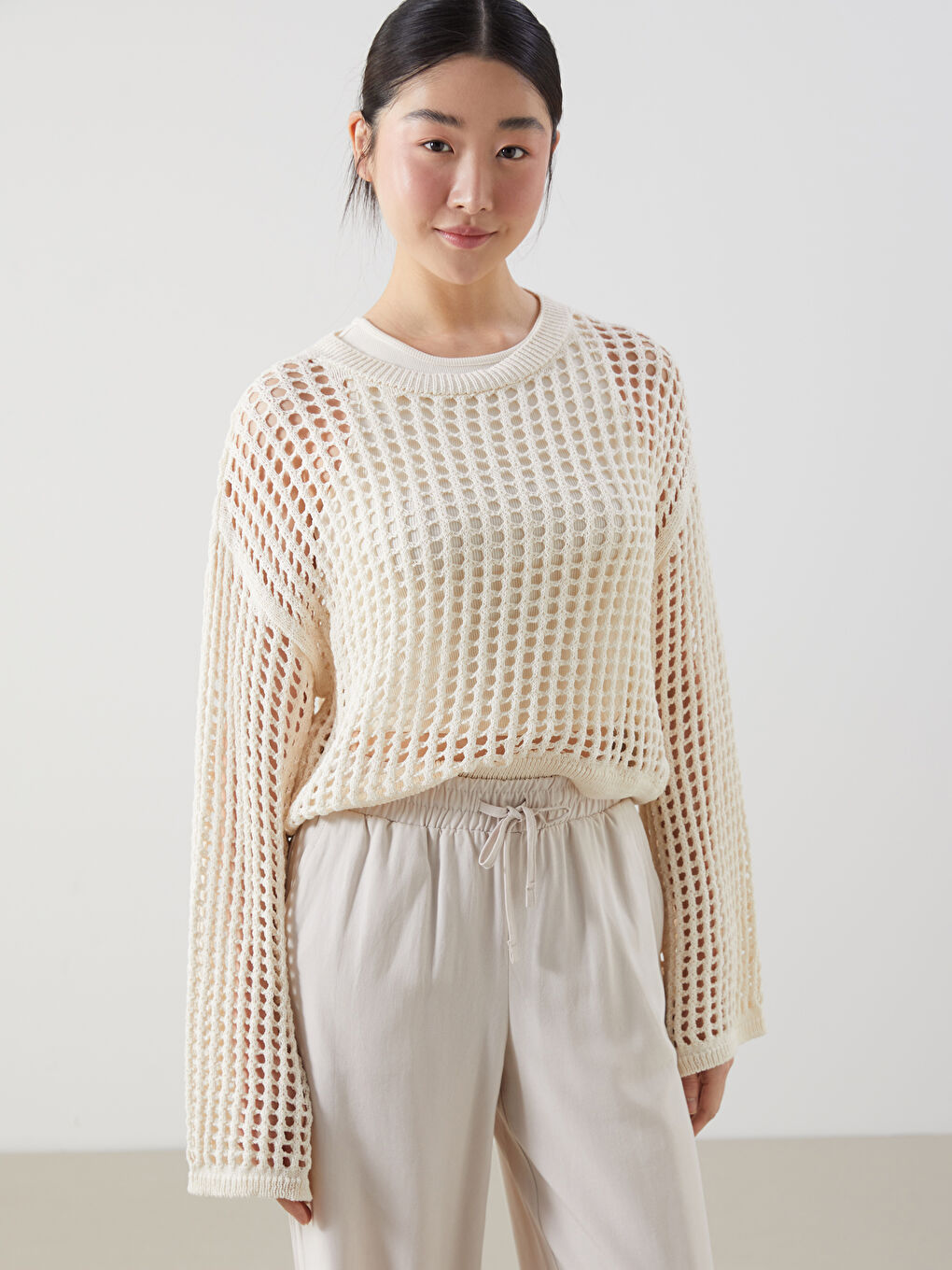 Bej Bisiklet Yaka Ajurlu Kadın Triko Kazak