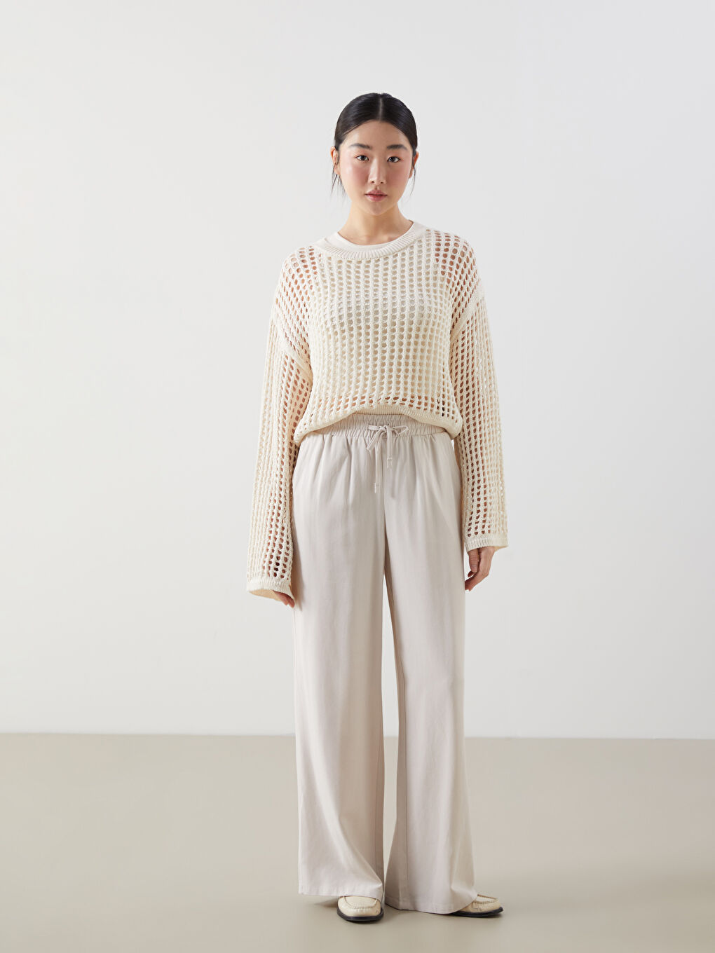 Bej Bisiklet Yaka Ajurlu Kadın Triko Kazak-1