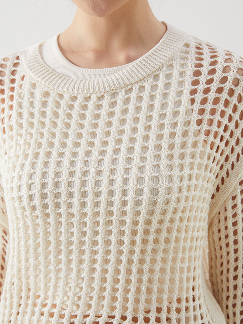 Bej Bisiklet Yaka Ajurlu Kadın Triko Kazak-2