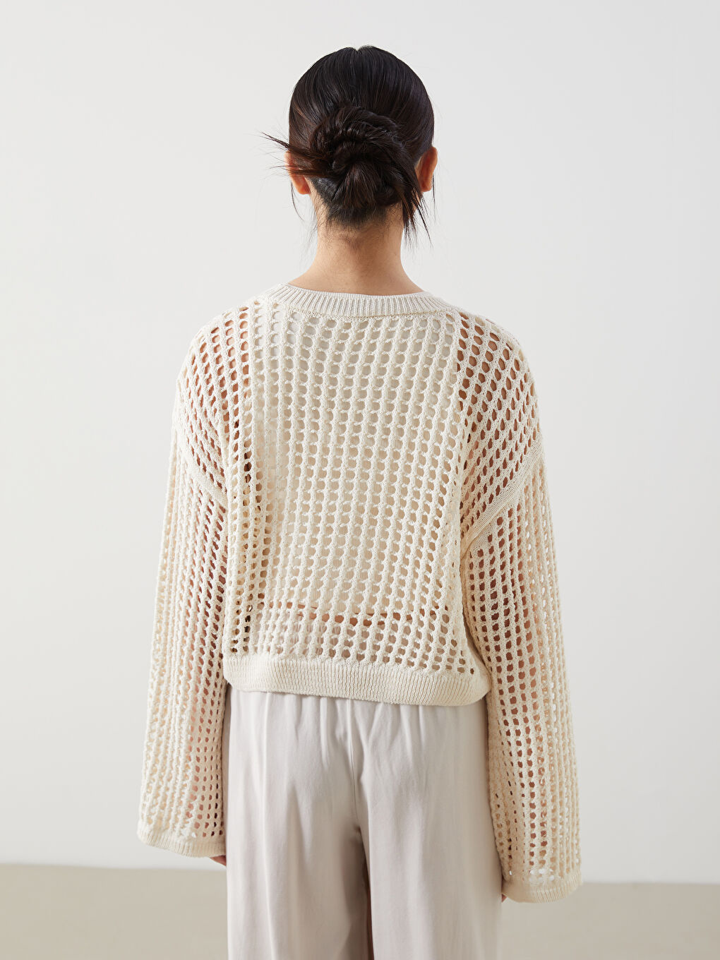 Bej Bisiklet Yaka Ajurlu Kadın Triko Kazak-3