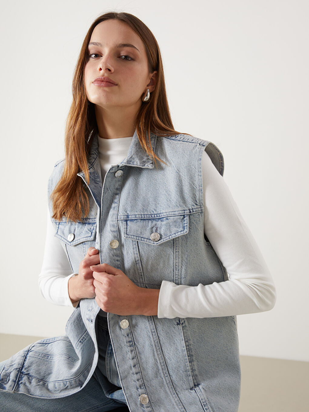 Collared Neck Women's Denim Waistcoat -S5H005Z8-311