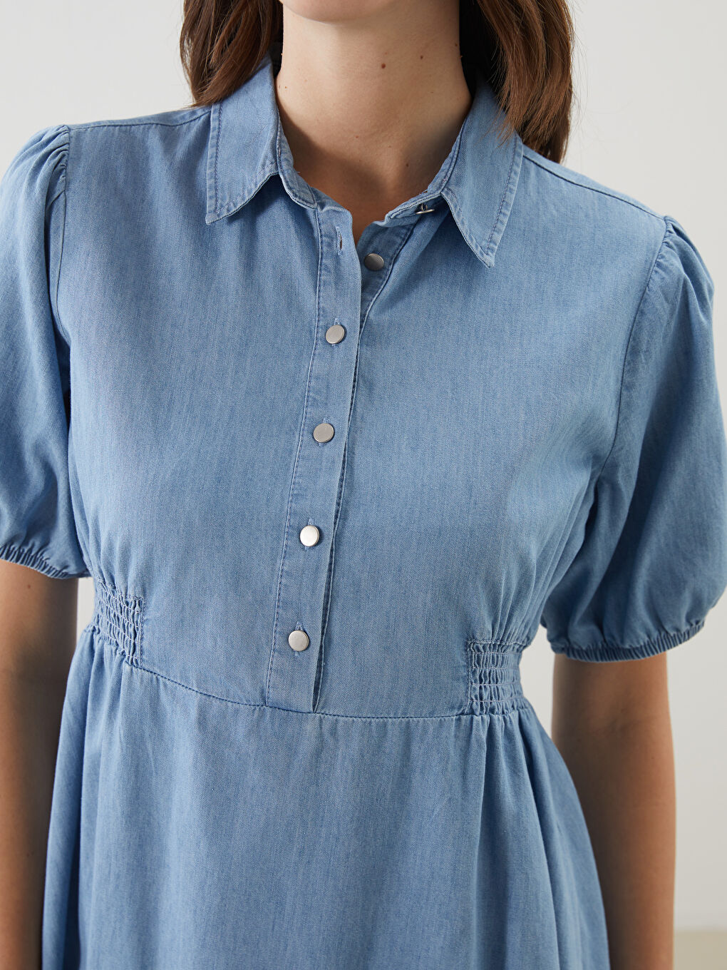 İndigo Gömlek Yaka Kadın Jean Elbise-2
