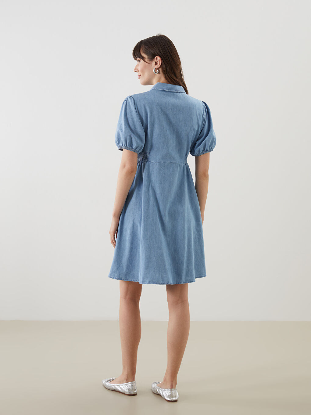 İndigo Gömlek Yaka Kadın Jean Elbise-3