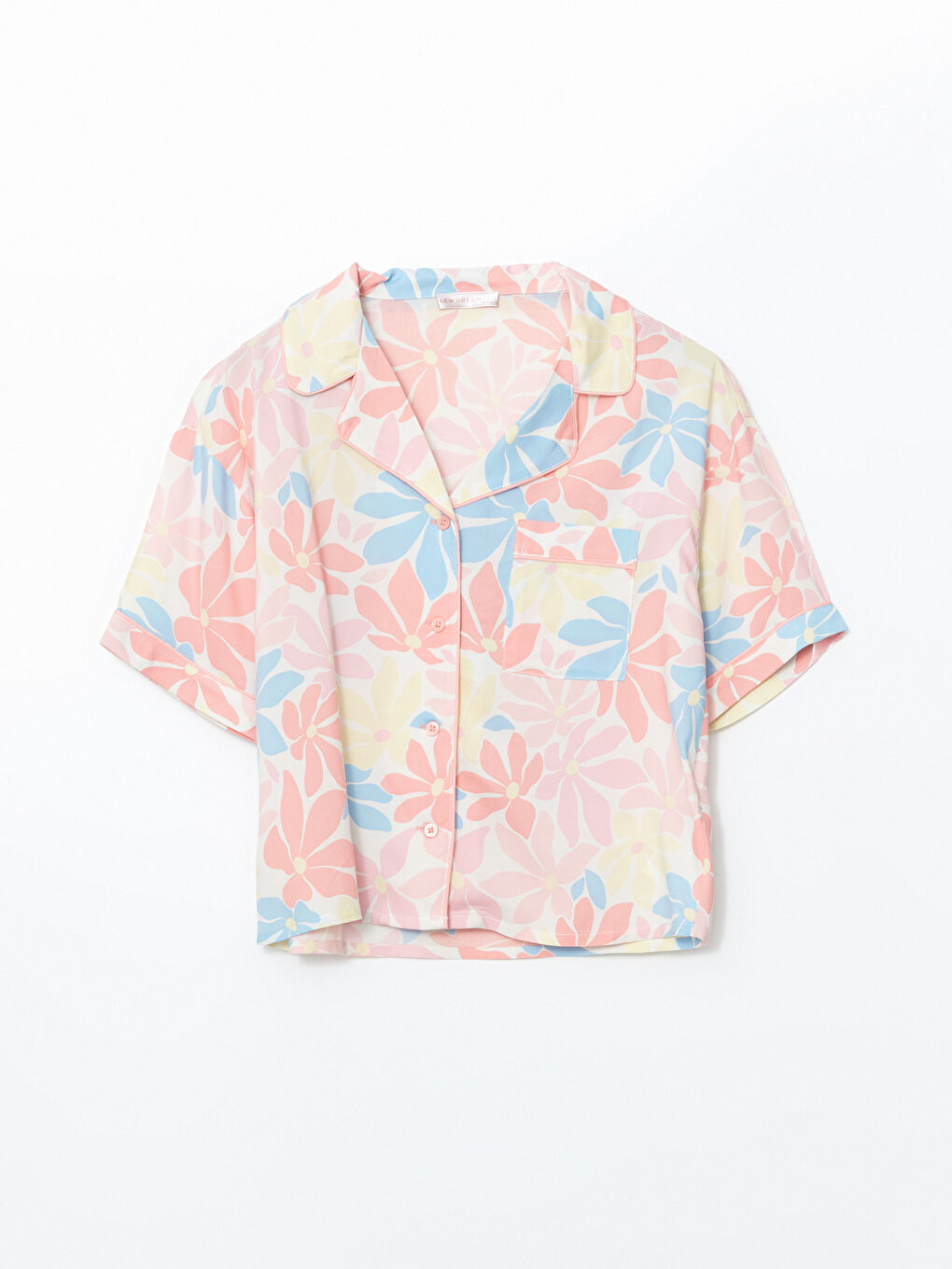 Mercan Gömlek Yaka Çiçekli Kadın Pijama Üstü