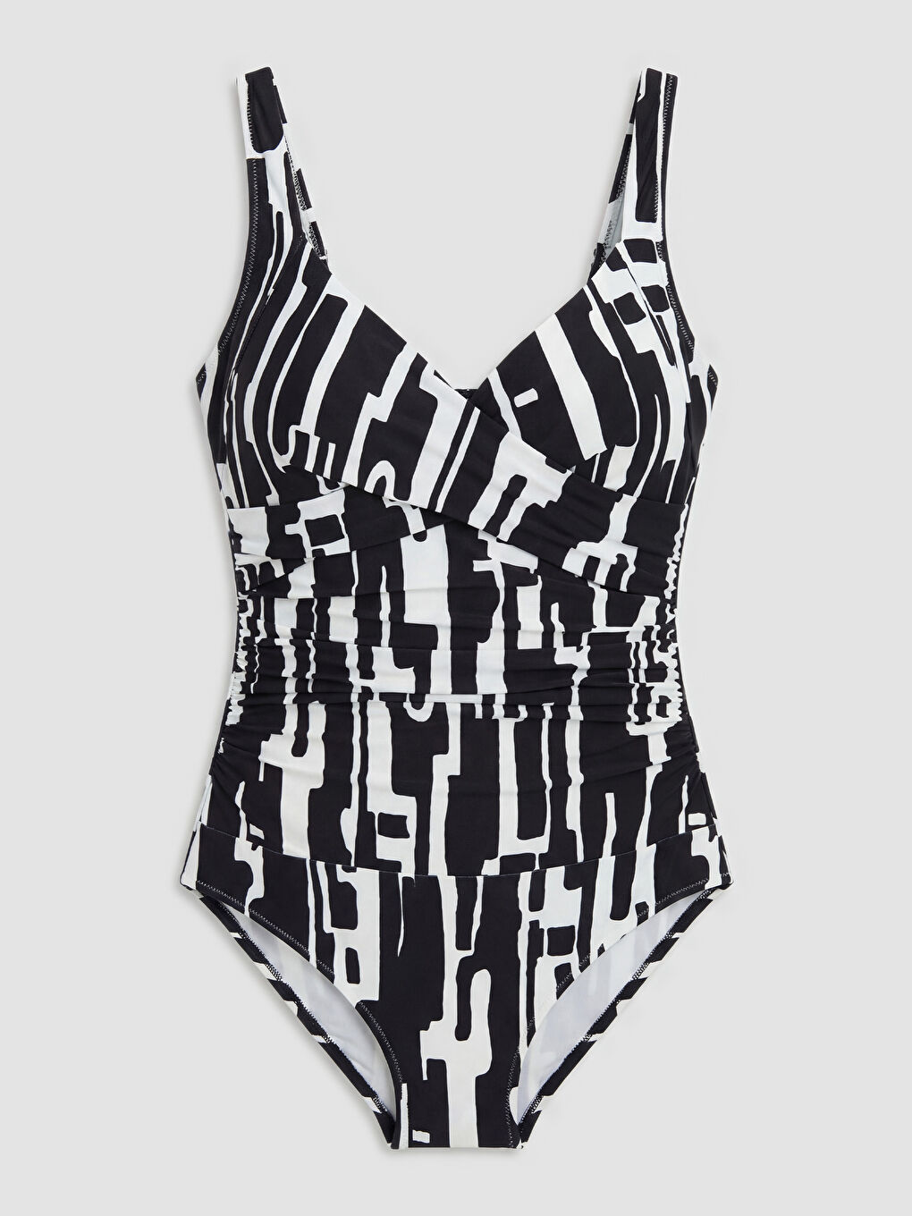 Siyah Desenli Dikişli Pedli Büzgü Detaylı Kadın Mayo-2