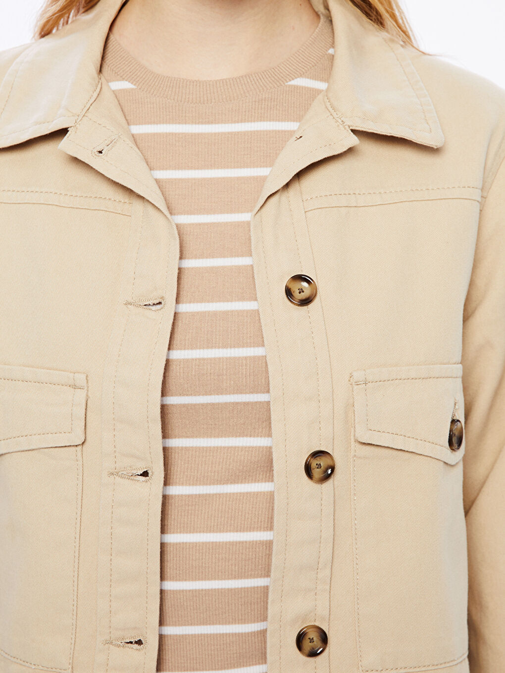 Bej Crop Kadın Gömlek Ceket-3