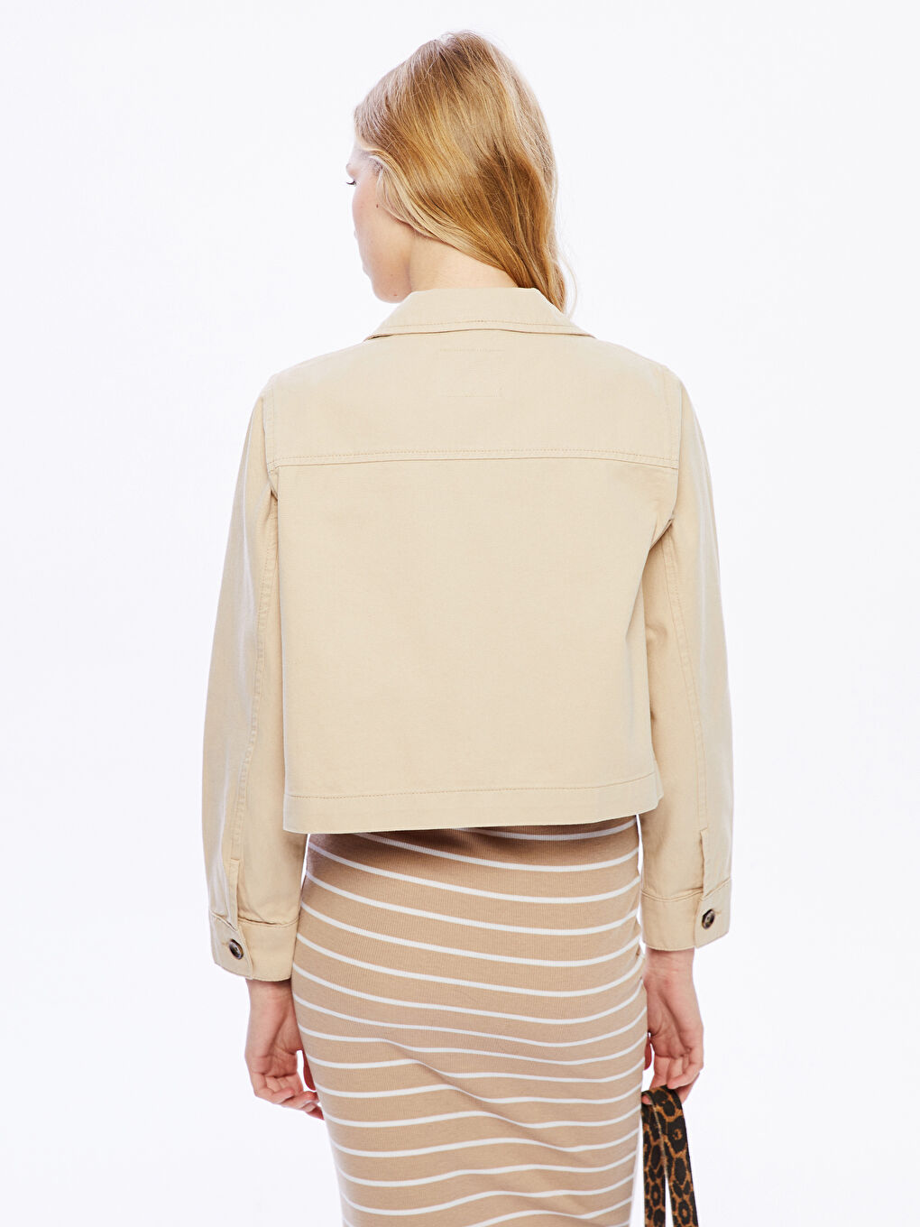 Bej Crop Kadın Gömlek Ceket-4
