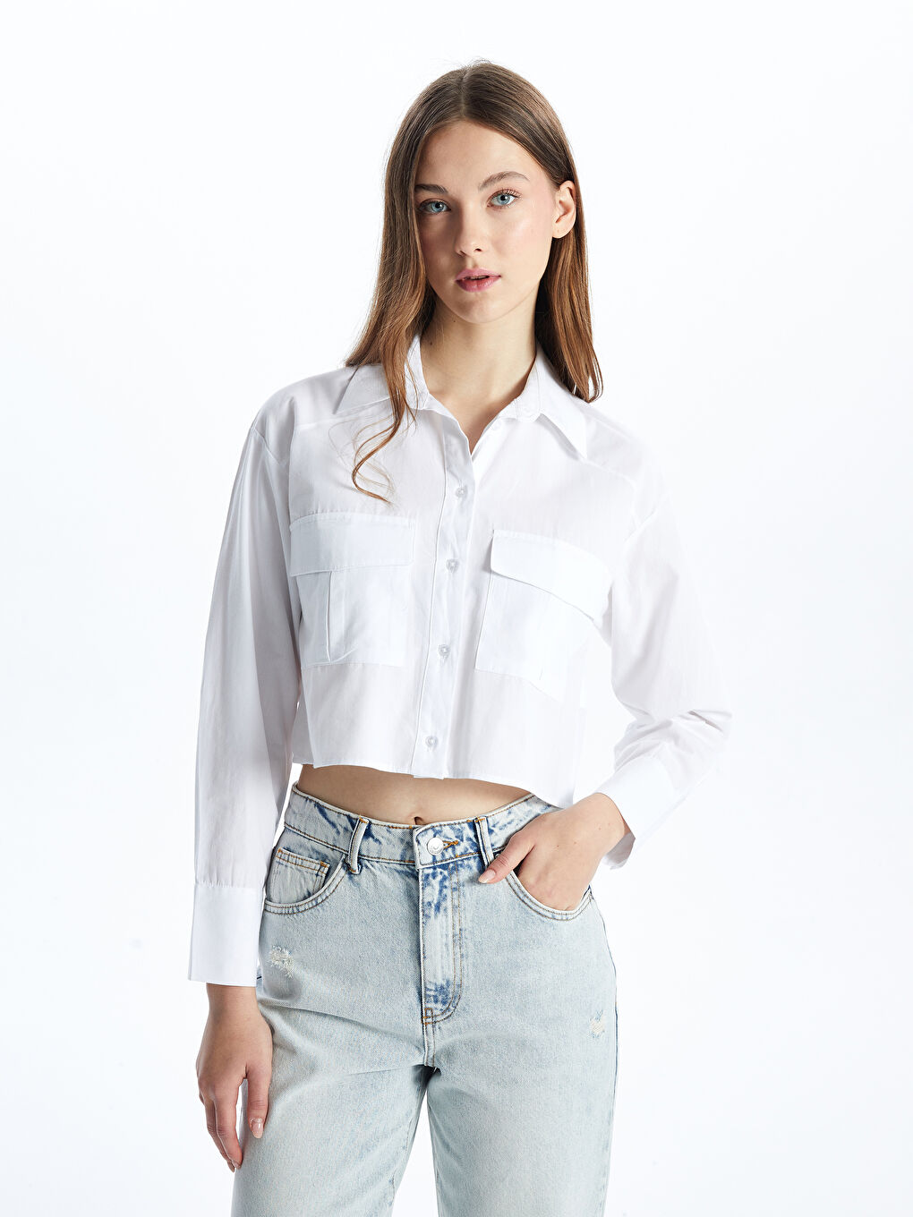XSIDE Beyaz Crop Poplin Kadın Gömlek