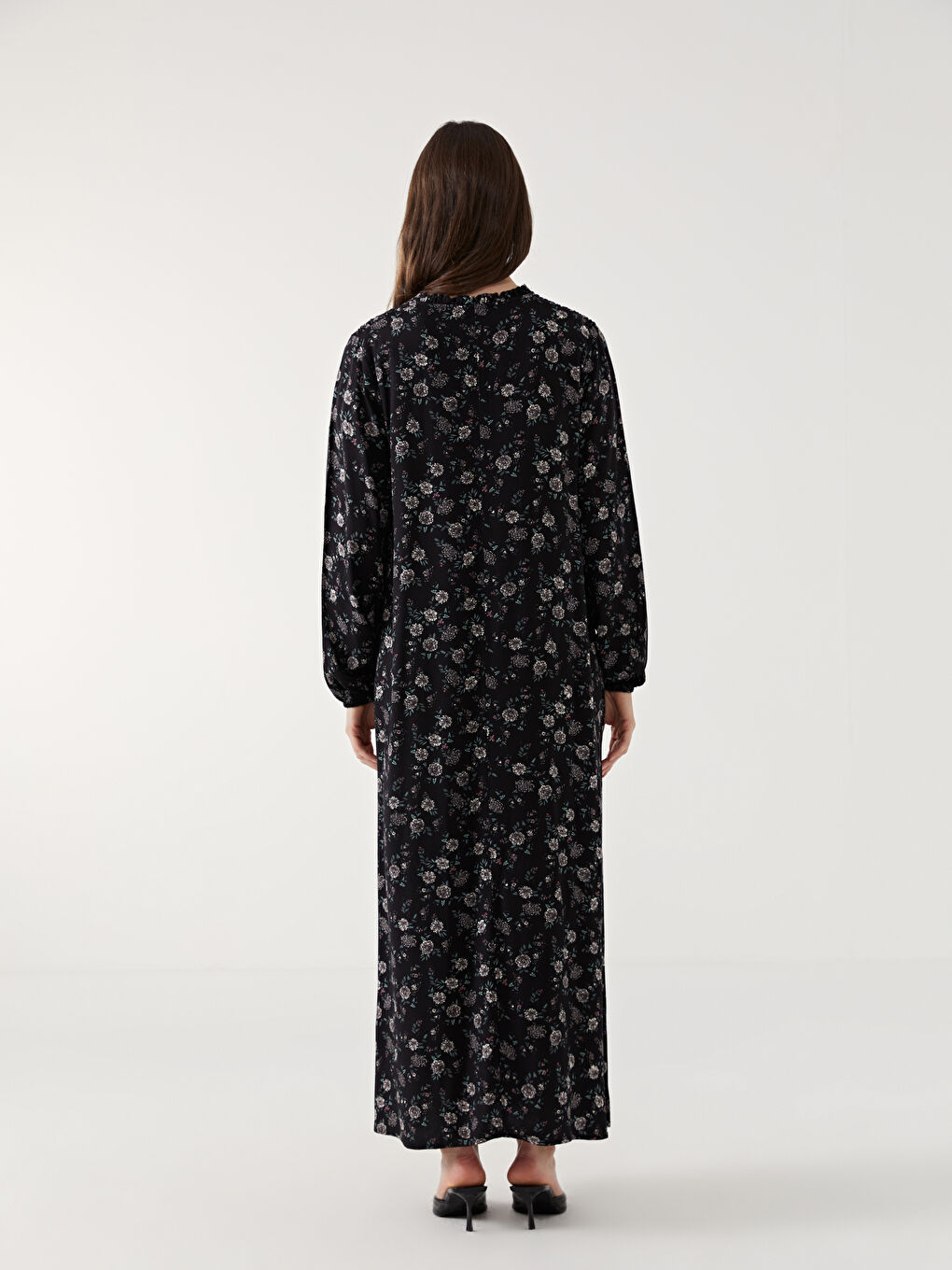 Siyah Bağlamalı Yaka Çiçekli Kadın Elbise-3