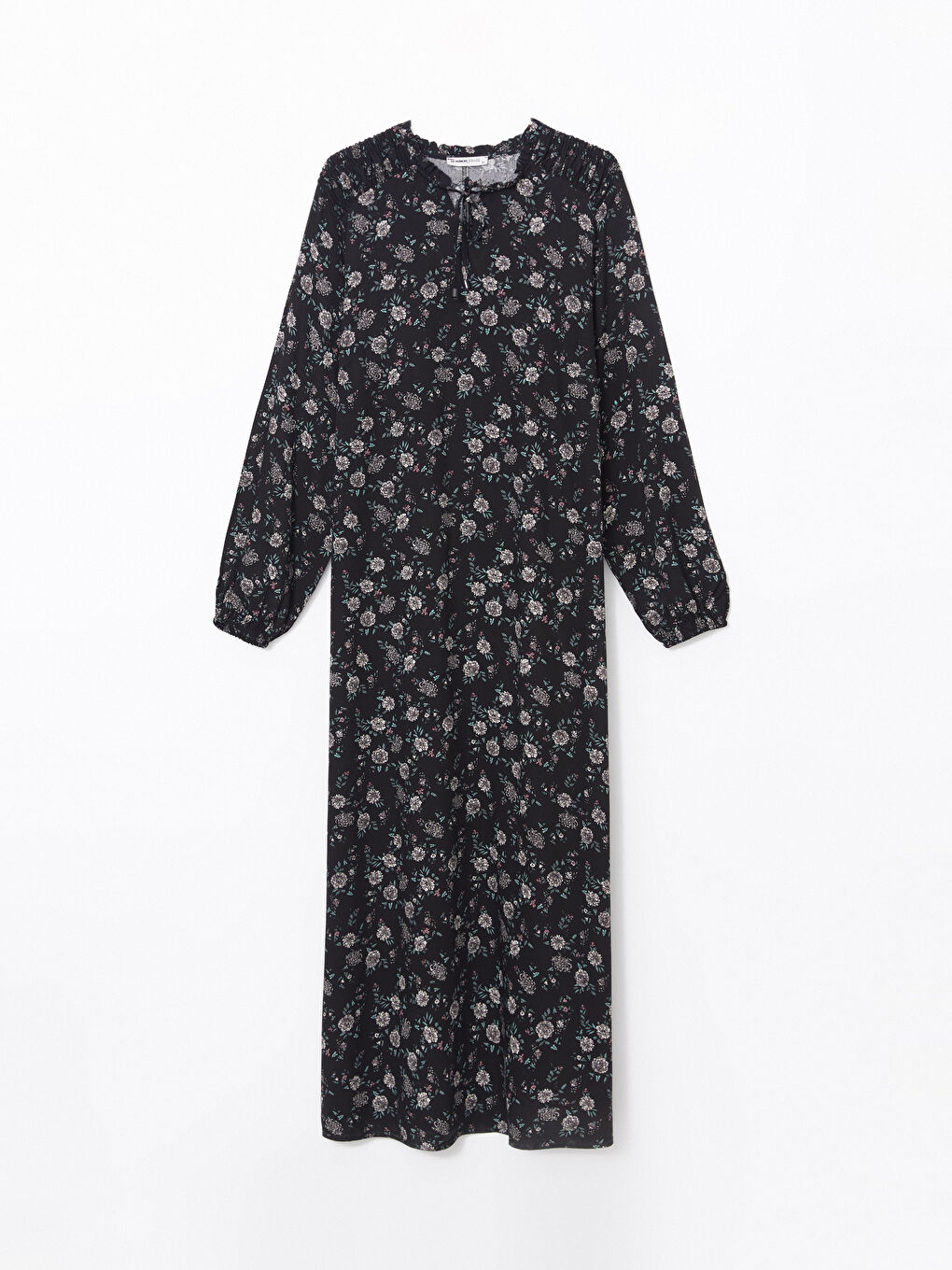 Siyah Bağlamalı Yaka Çiçekli Kadın Elbise-4