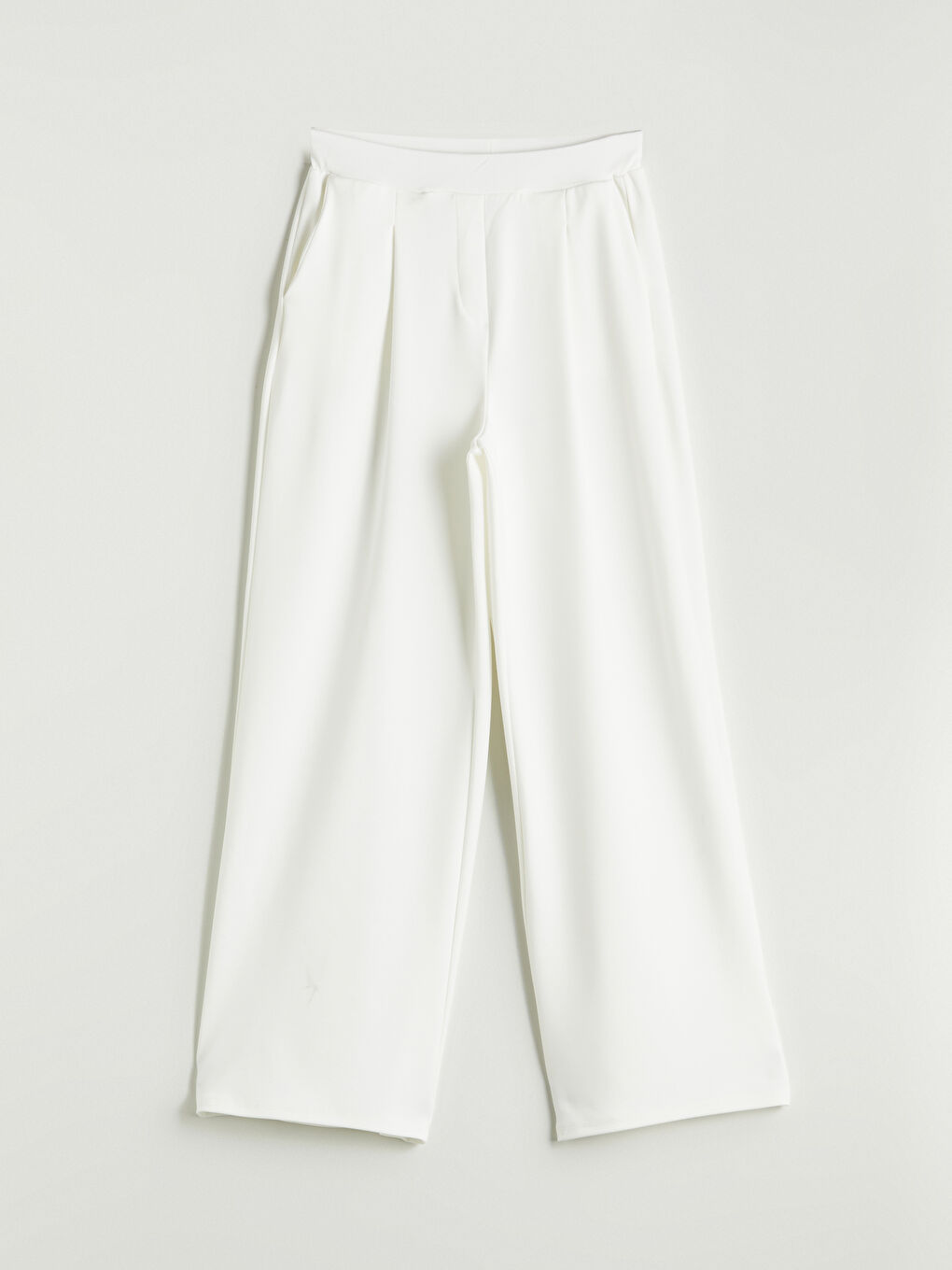 Ekru Beli Lastikli Geniş Paça Kadın Pileli Pantolon-4