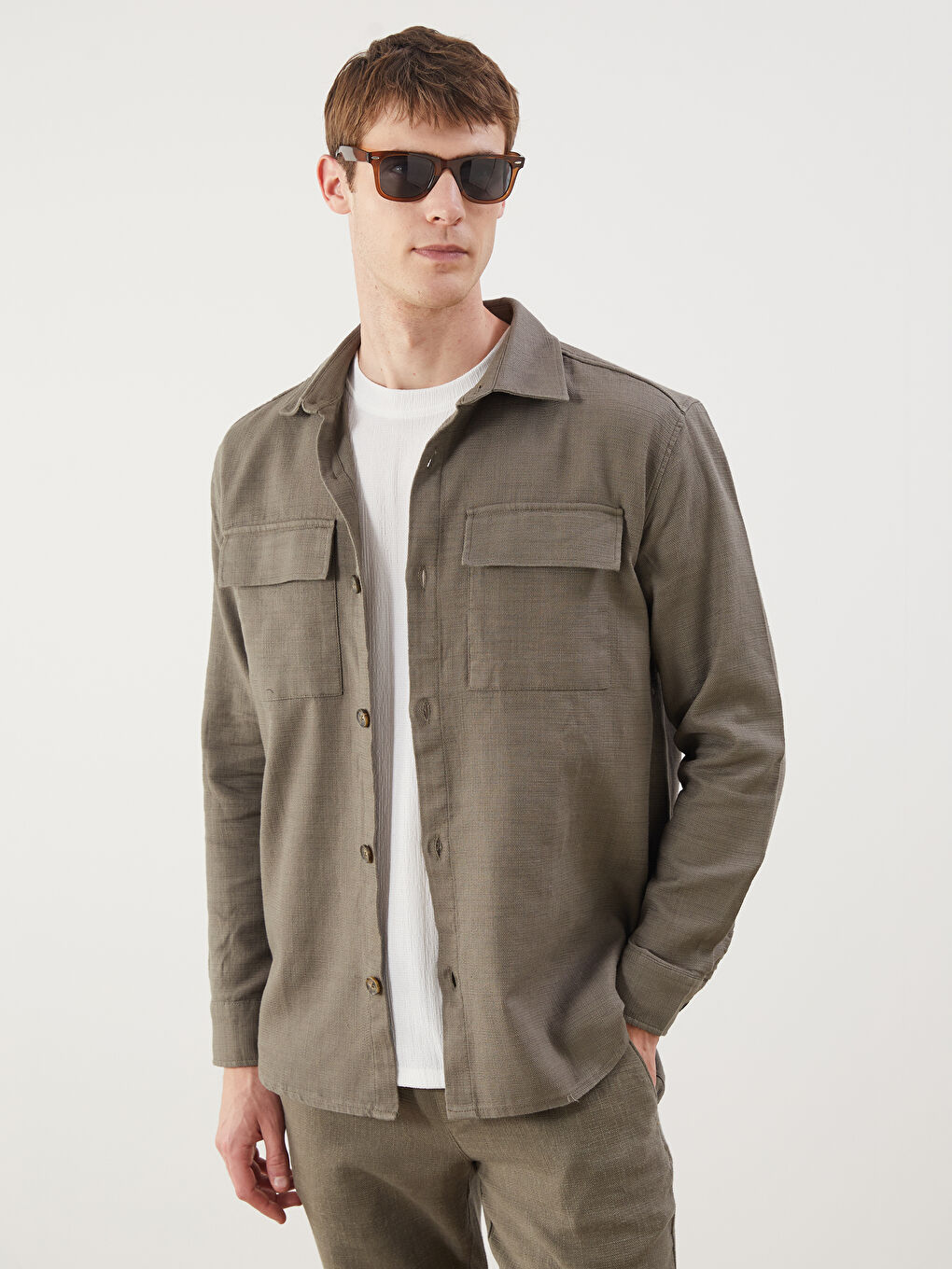 Haki Regular Fit Uzun Kollu Erkek Gömlek Ceket
