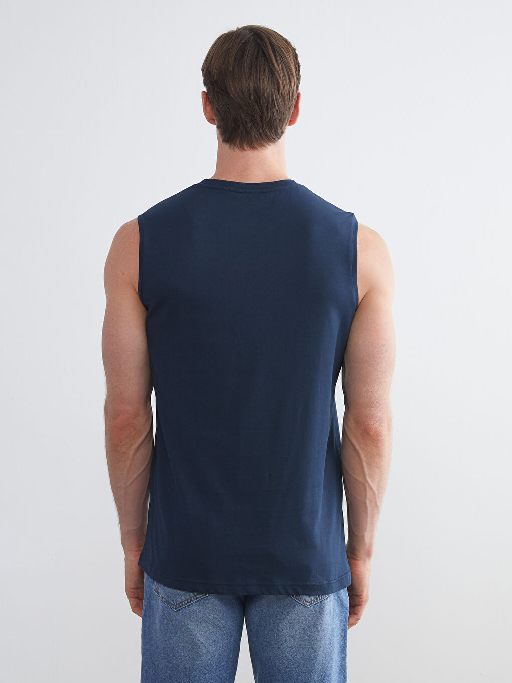 Lacivert Bisiklet Yaka Baskılı Erkek Kolsuz Tişört-3