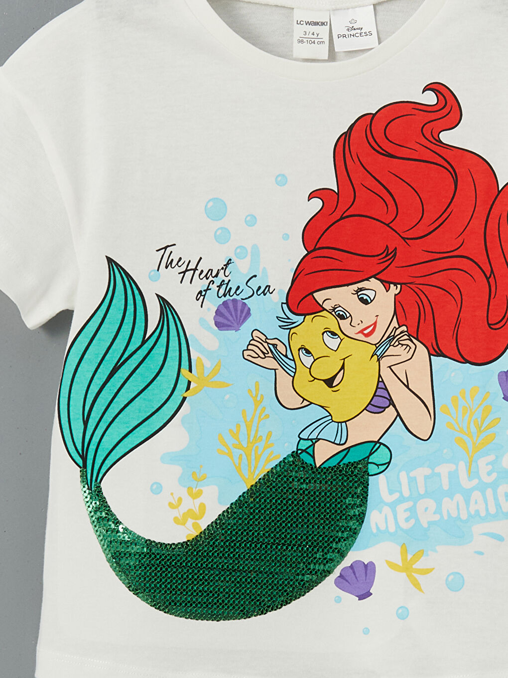 Ekru Deniz Kızı Ariel Baskılı Kız Çocuk Tişört-1