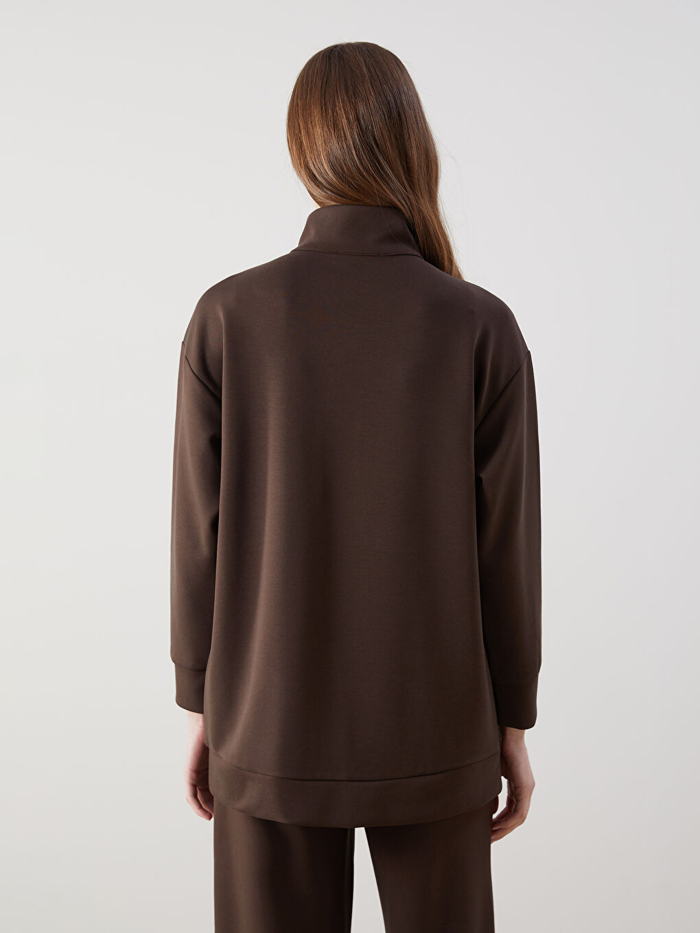 LCW Modest Kahverengi Dik Yaka Düz Oversize Kadın Sweatshirt Tunik - 3