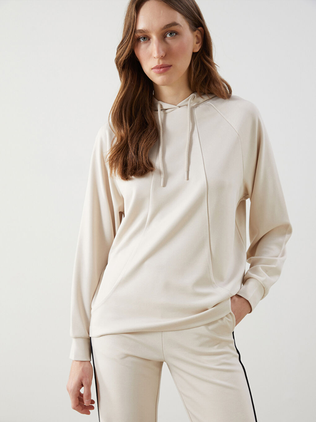 LCW Modest Bej Düz Oversize Kadın Hoodie