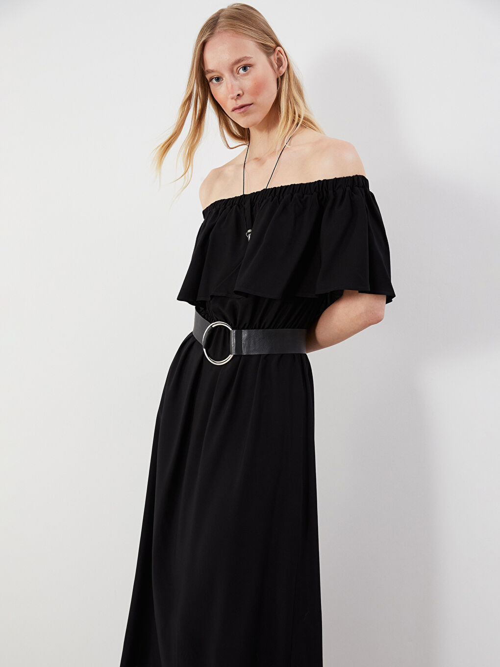 Plain Pleated Women's Midi Dress-2