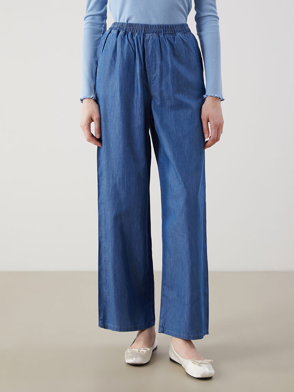 İndigo Beli Lastikli Wideleg Kadın Jean Pantolon-1