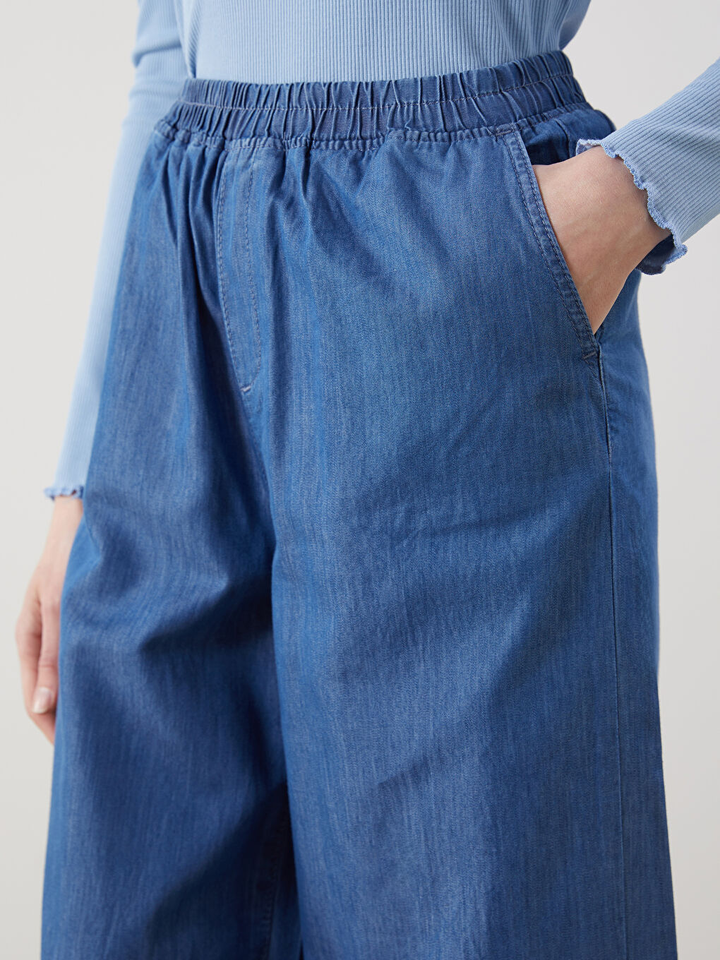 İndigo Beli Lastikli Wideleg Kadın Jean Pantolon-2