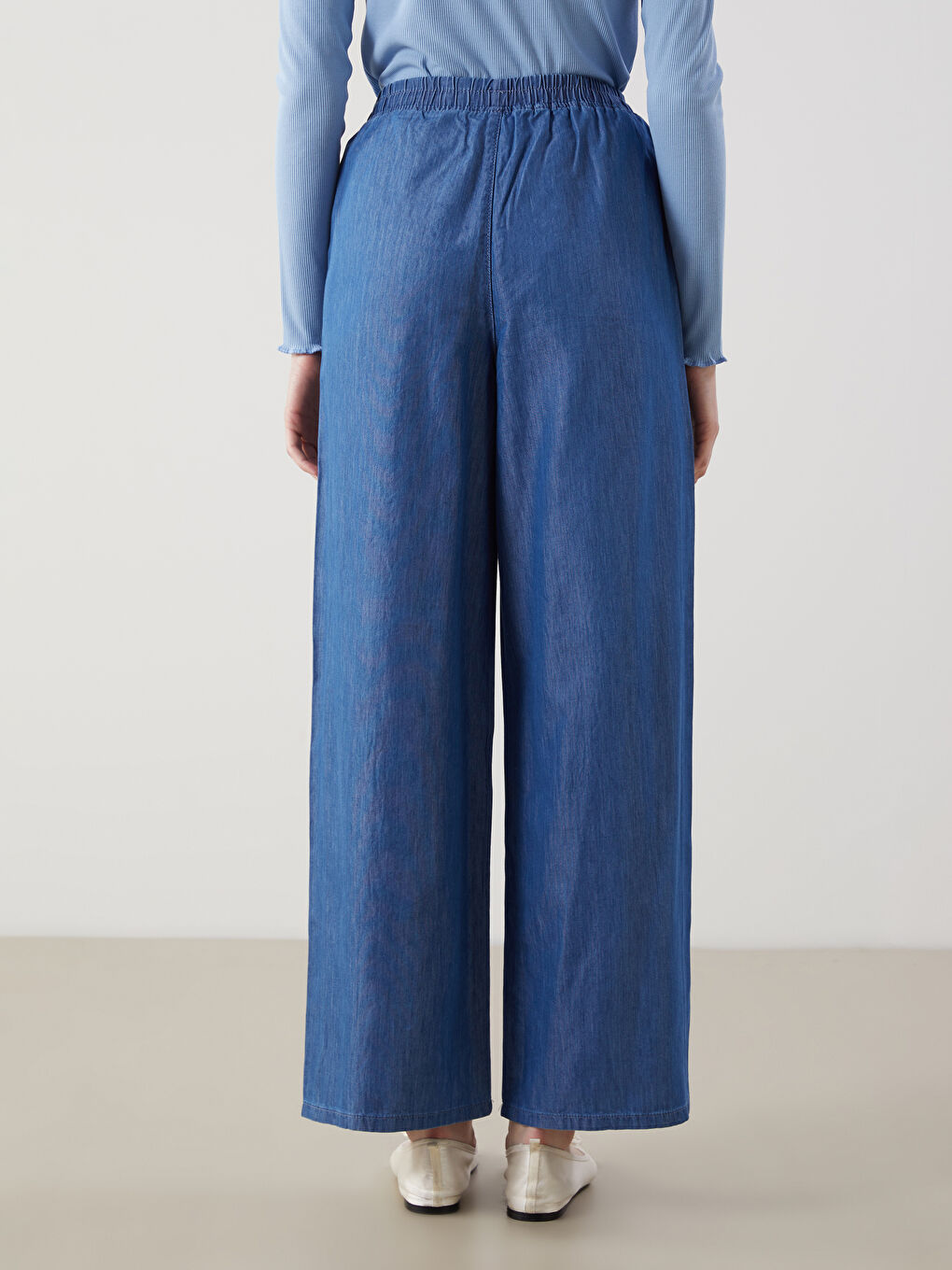 İndigo Beli Lastikli Wideleg Kadın Jean Pantolon-3