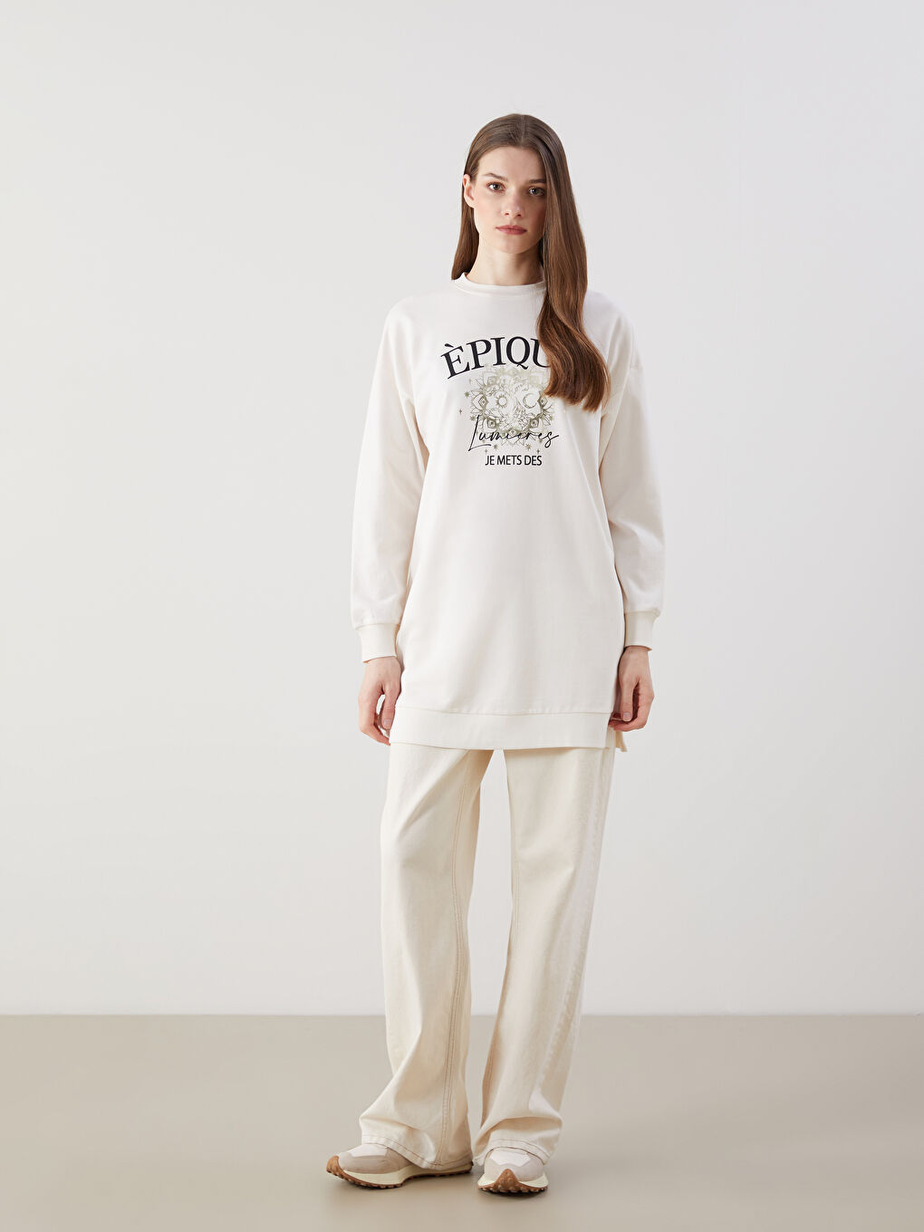 Ekru Bisiklet Yaka Baskılı Kadın Sweatshirt Tunik-1