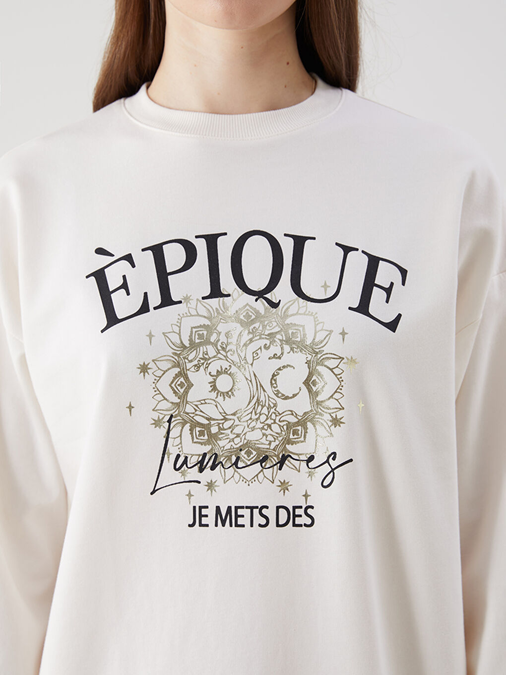 Ekru Bisiklet Yaka Baskılı Kadın Sweatshirt Tunik-2