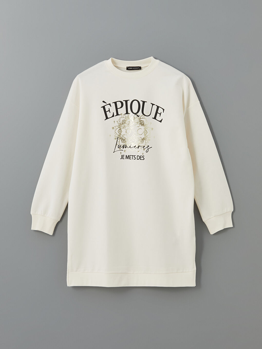 Ekru Bisiklet Yaka Baskılı Kadın Sweatshirt Tunik-4