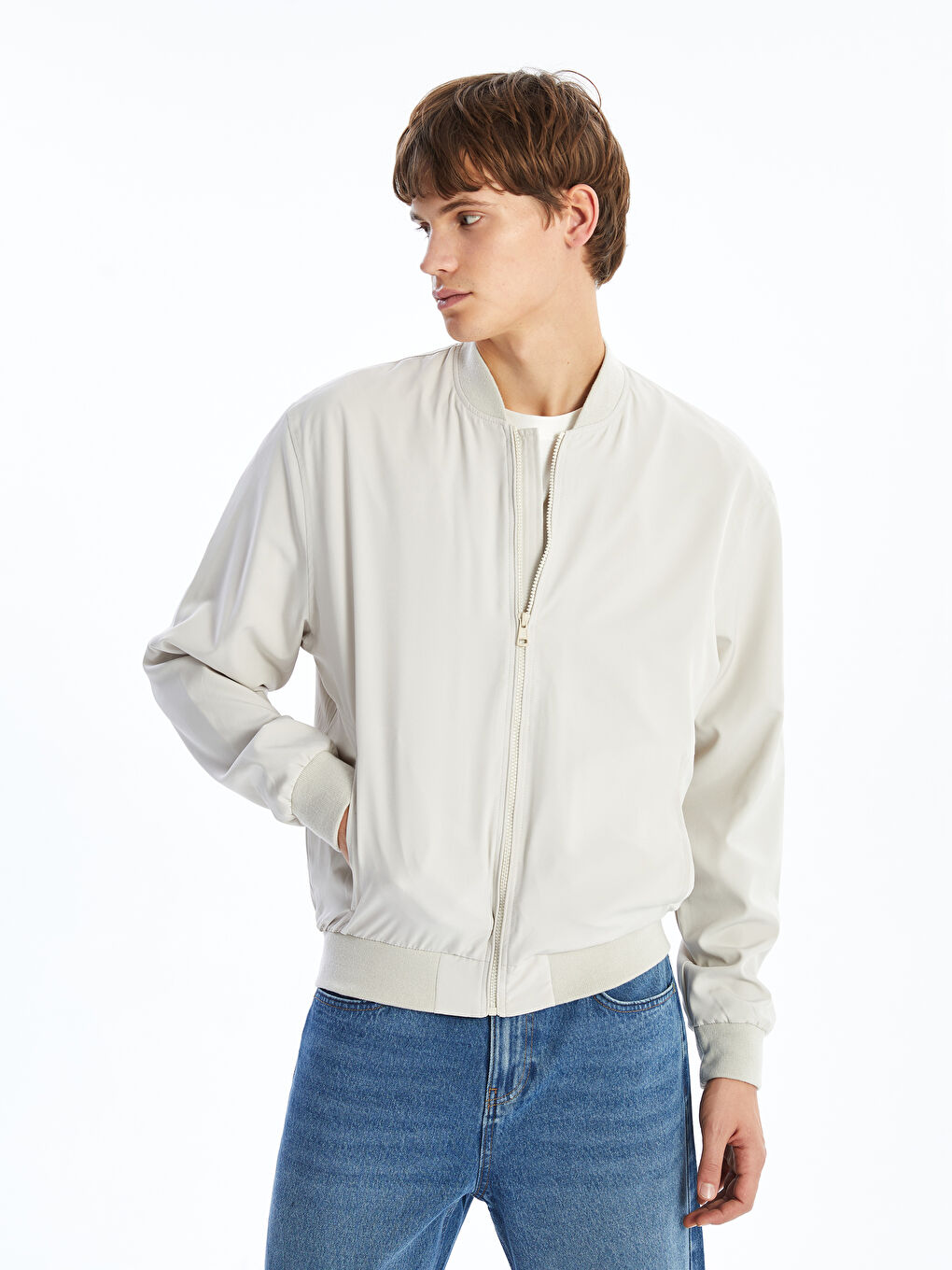 Bej Standart Kalıp Kolej Yaka Erkek Bomber Mont