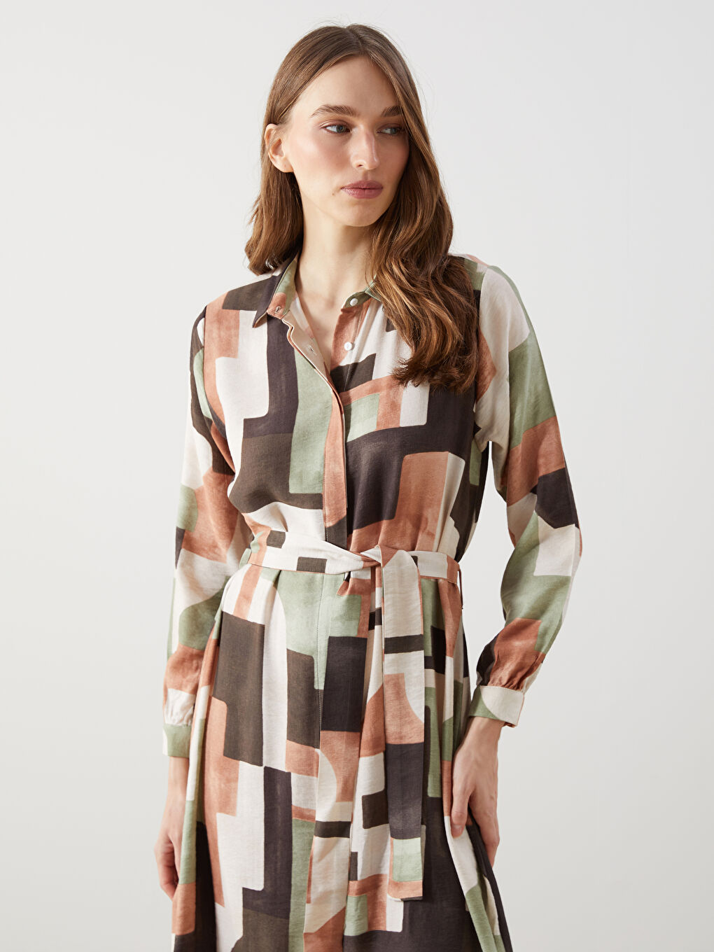 Karışık Desenli Kadın Gömlek Elbise-3