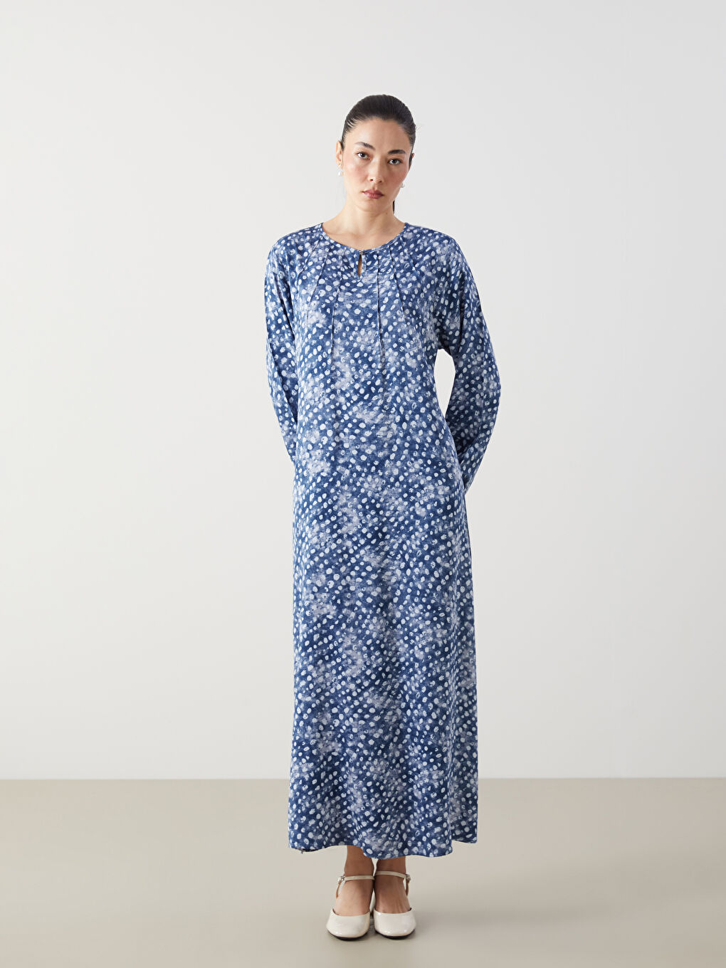 Lacivert Bisiklet Yaka Desenli Elbise