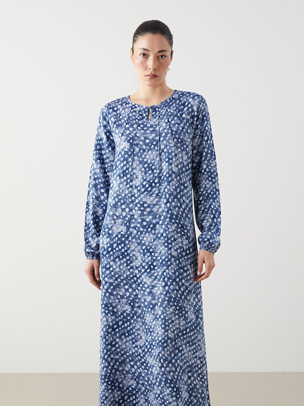 Lacivert Bisiklet Yaka Desenli Elbise-1