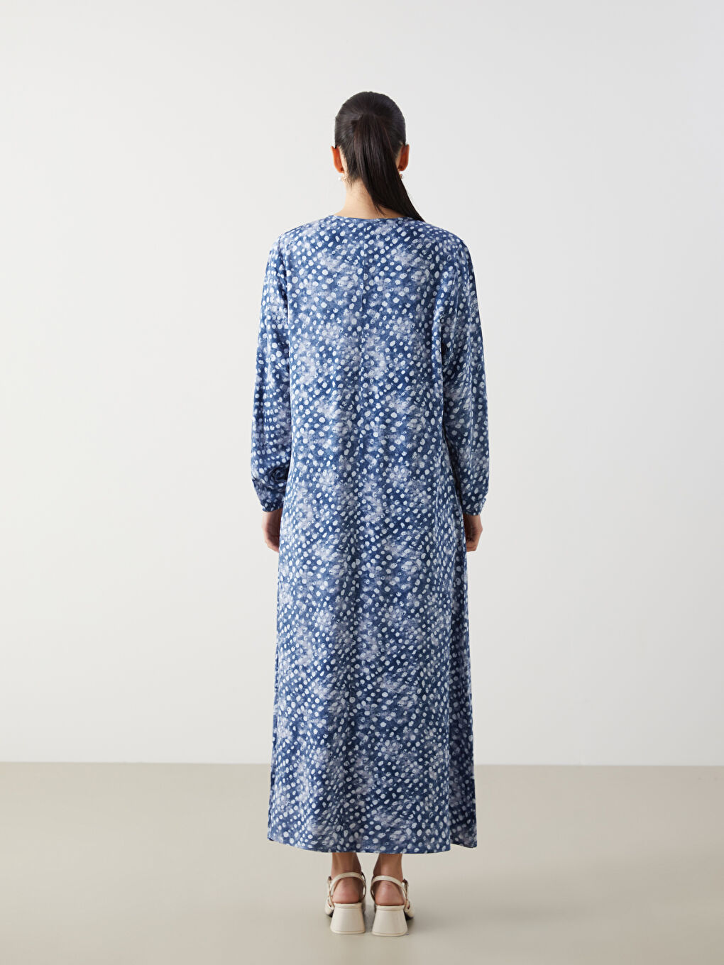 Lacivert Bisiklet Yaka Desenli Elbise-3