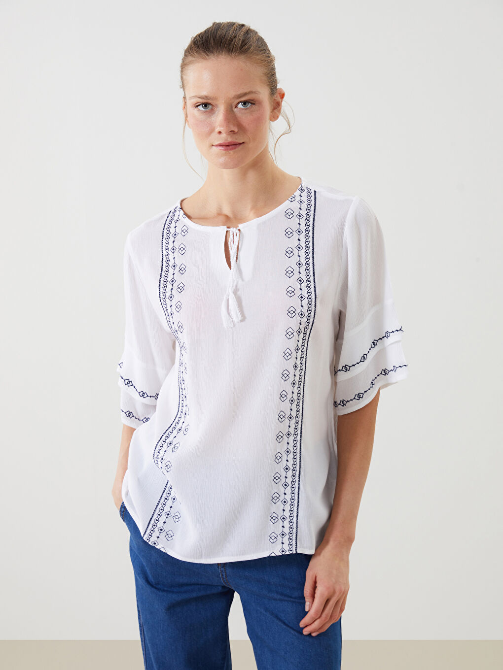 Tie Neck Embroidered Crinkle Women's Blouse -S5H939Z8-Q6K
