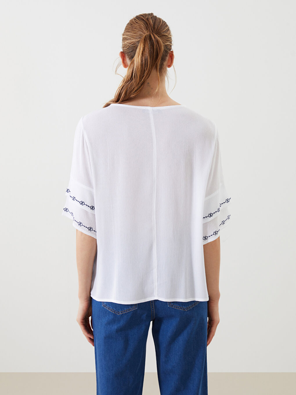 Tie Neck Embroidered Crinkle Women's Blouse -S5H939Z8-Q6K