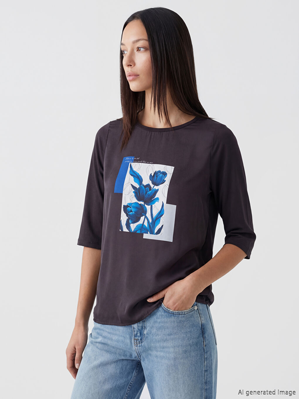 Siyah Bisiklet Yaka Çiçekli Kadın Tişört