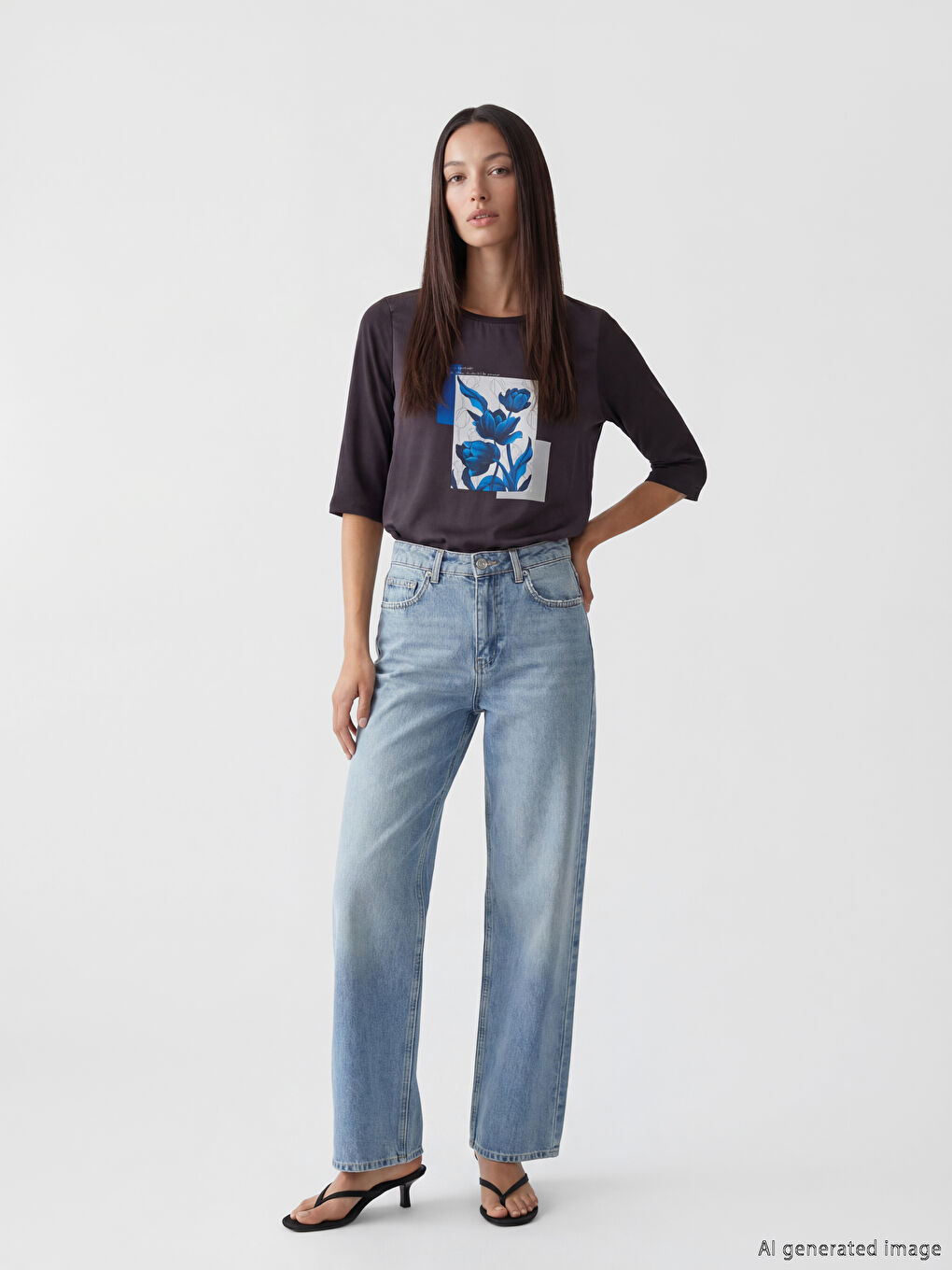 Siyah Bisiklet Yaka Çiçekli Kadın Tişört-1