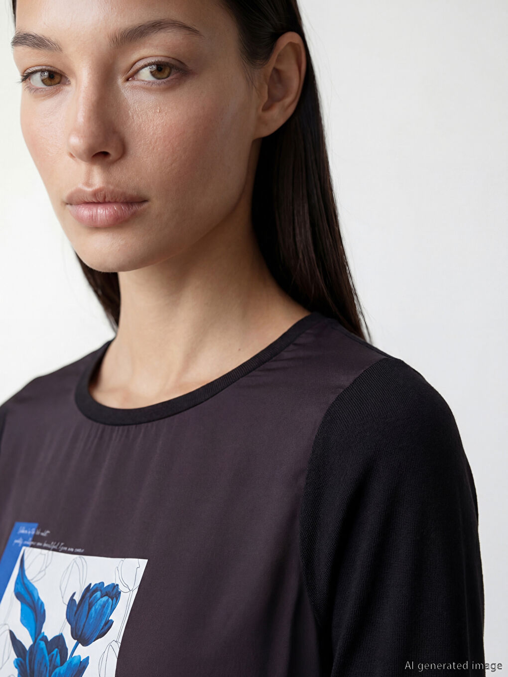 Siyah Bisiklet Yaka Çiçekli Kadın Tişört-2