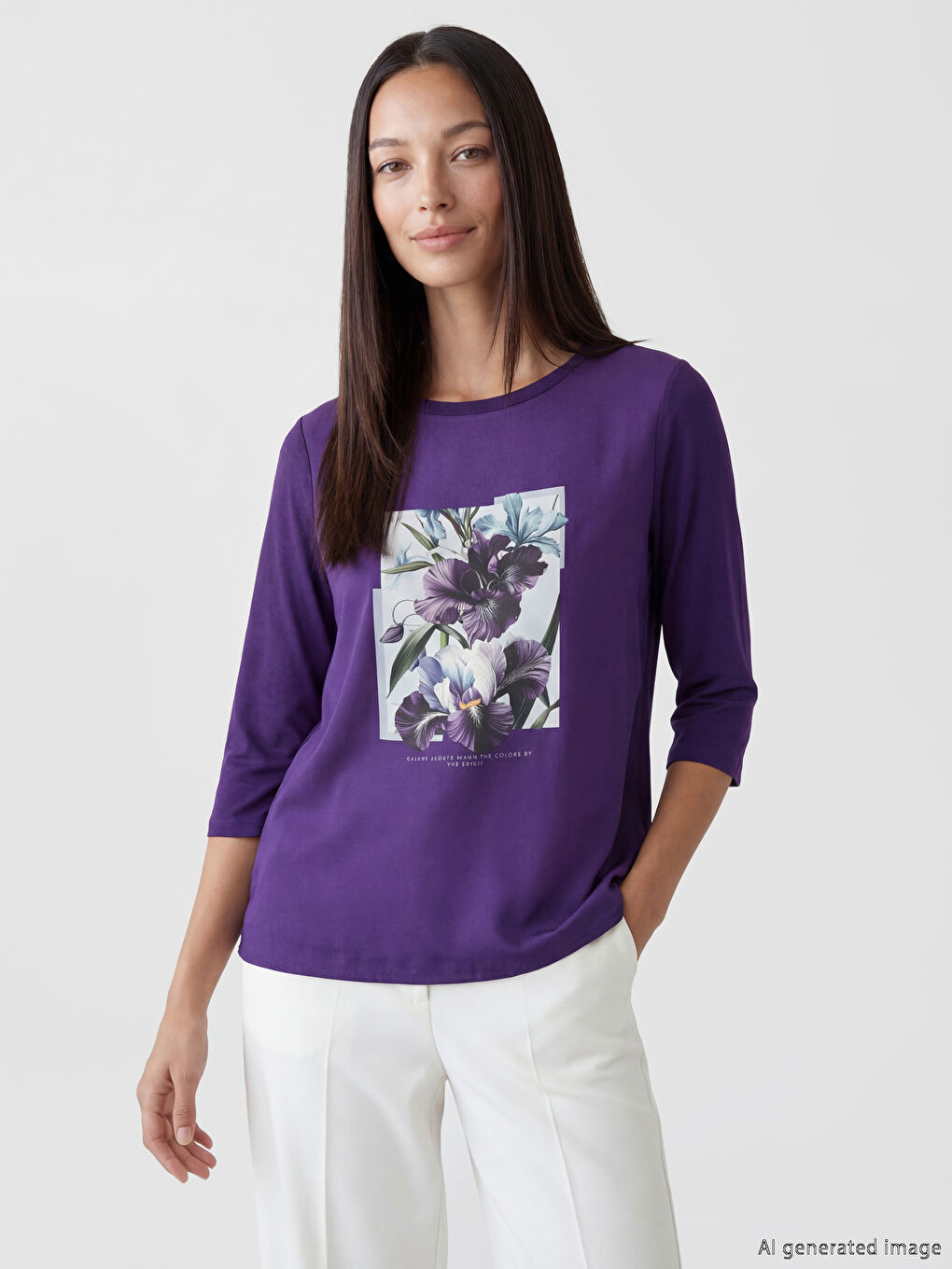 Mor Bisiklet Yaka Çiçekli Kadın Tişört