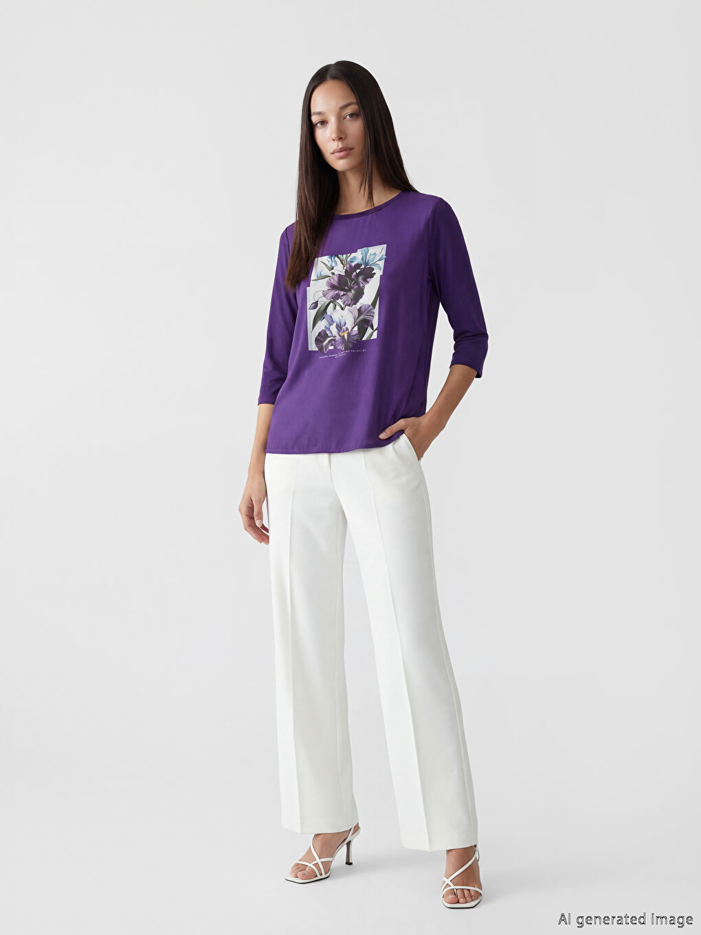 Mor Bisiklet Yaka Çiçekli Kadın Tişört-1