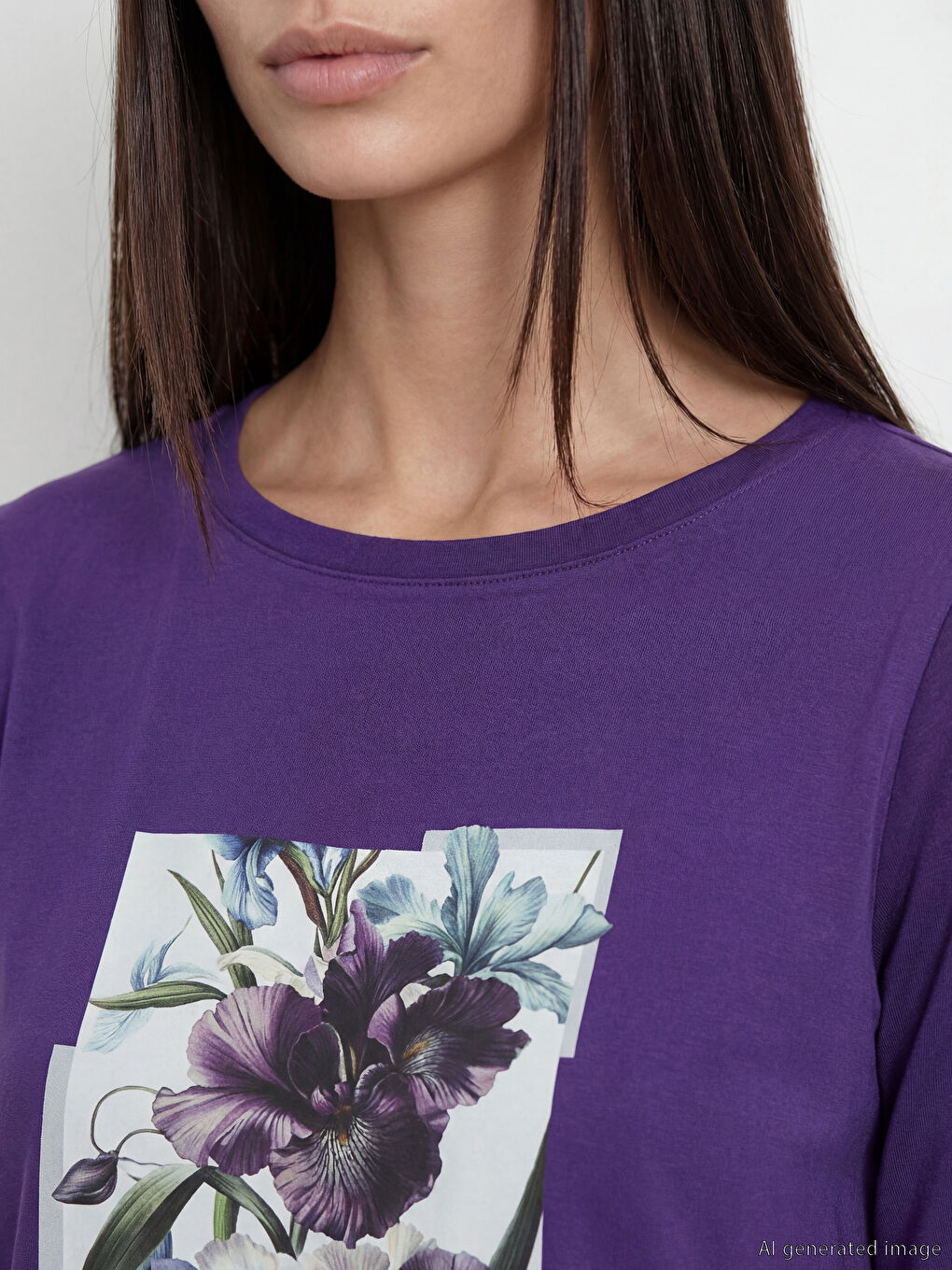 Mor Bisiklet Yaka Çiçekli Kadın Tişört-2