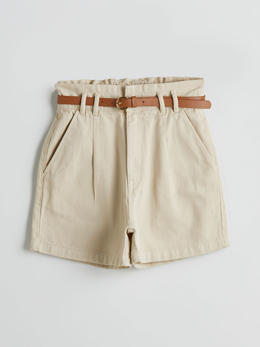 Bej Beli Kemerli Paperbag Kadın Jean Şort-9