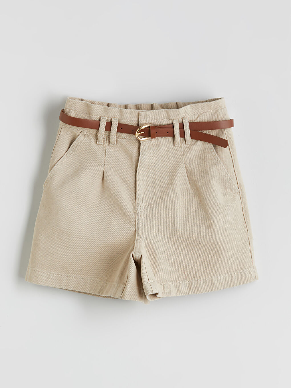 Bej Beli Kemerli Paperbag Kadın Jean Şort-8